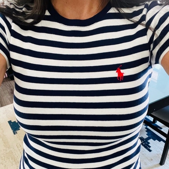 RALPH LAUREN SPORT Navy Striped Crew Neck Short Sleeve Tee - Picture 4 of 8